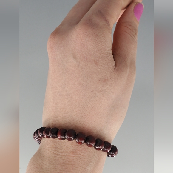 Plastic Clear and Burgundy Dangle Earrings and Burgundy Wooden Stretch Bracelet - Picture 7 of 9